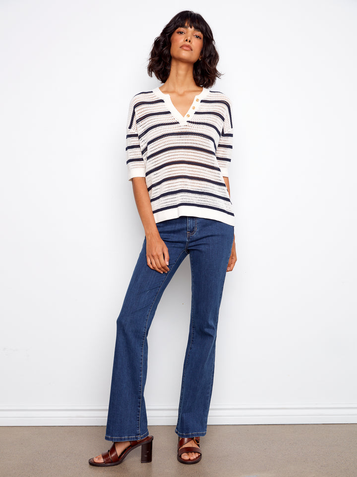 Striped Elbow Sleeve All Over Crochet Sweater