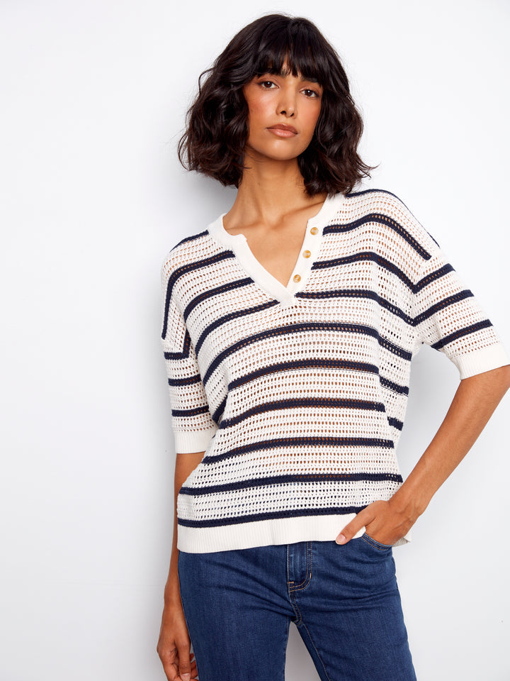 Striped Elbow Sleeve All Over Crochet Sweater