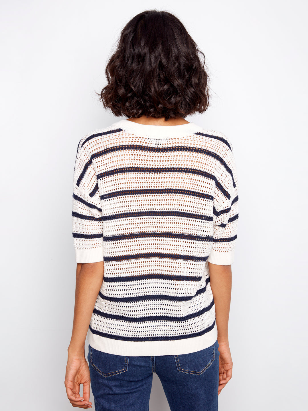 Striped Elbow Sleeve All Over Crochet Sweater