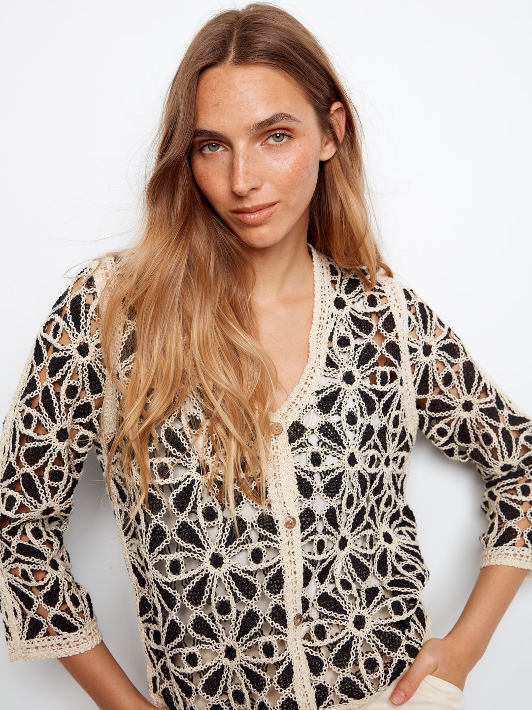 3/4 Sleeve Crochet V-Neck Cardigan