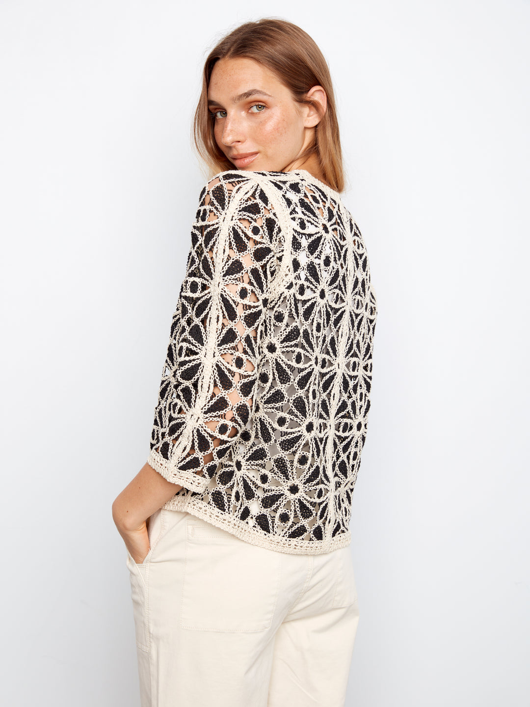 3/4 Sleeve Crochet V-Neck Cardigan
