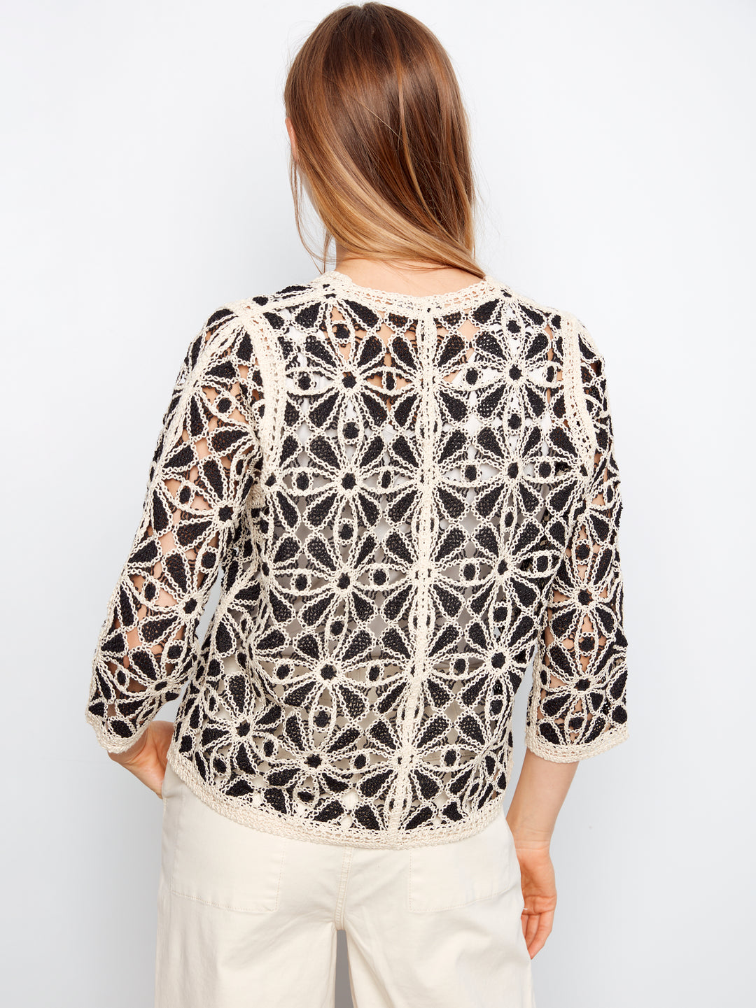 3/4 Sleeve Crochet V-Neck Cardigan