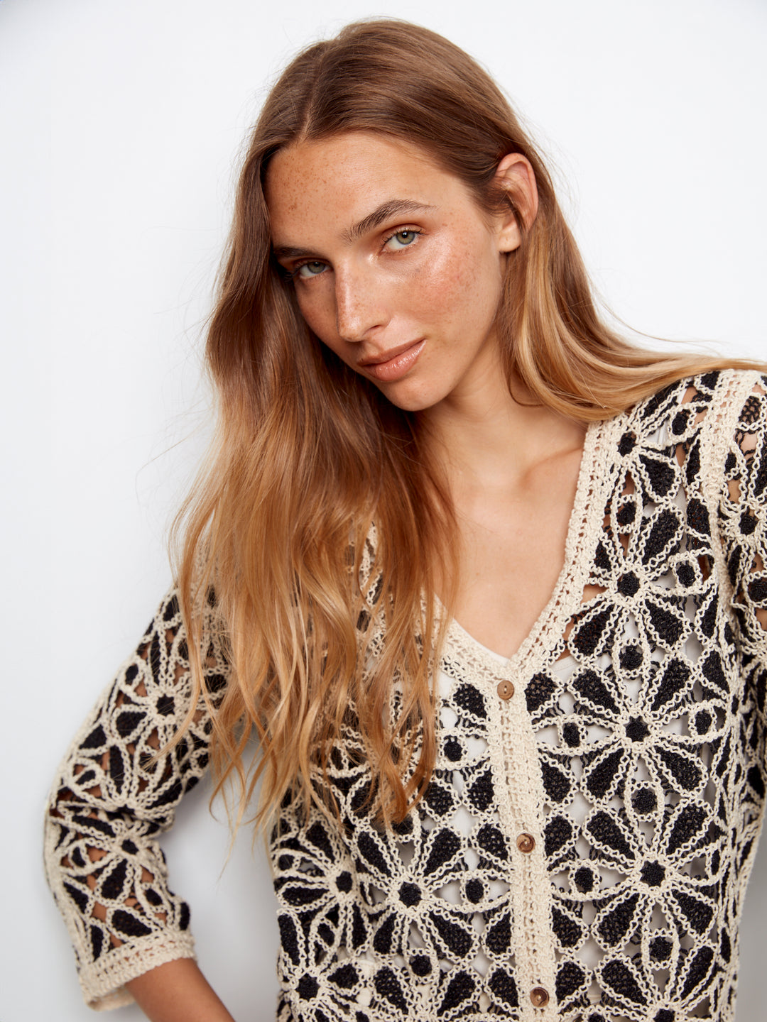 3/4 Sleeve Crochet V-Neck Cardigan