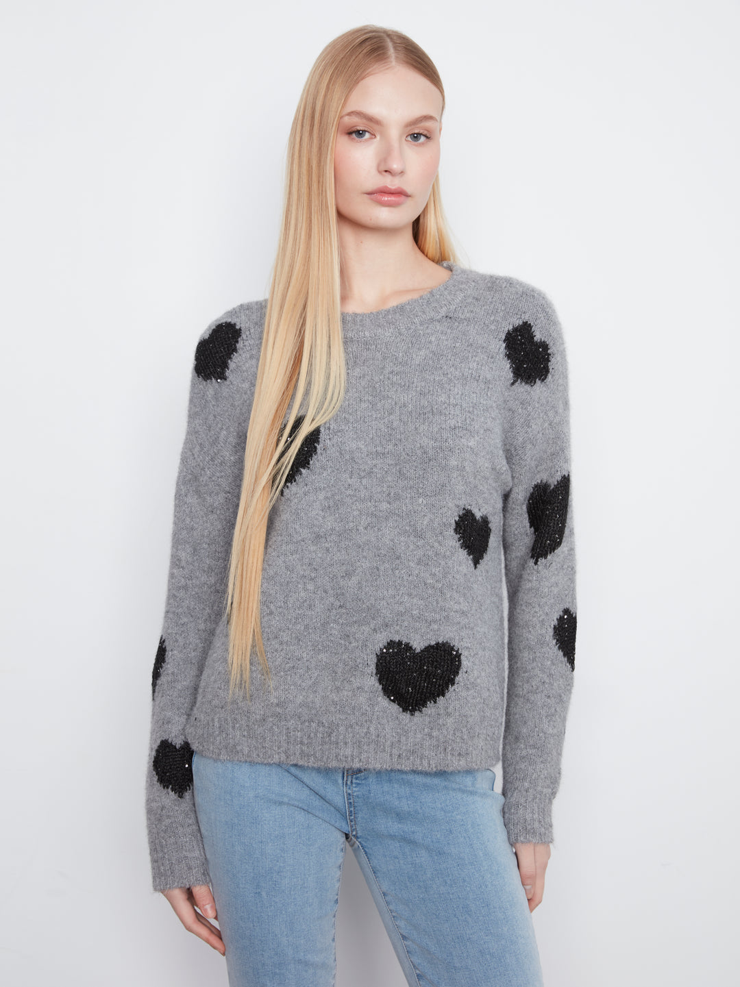 Long Sleeve Drop Shoulder Crew Neck Heart Embroidered Sweater