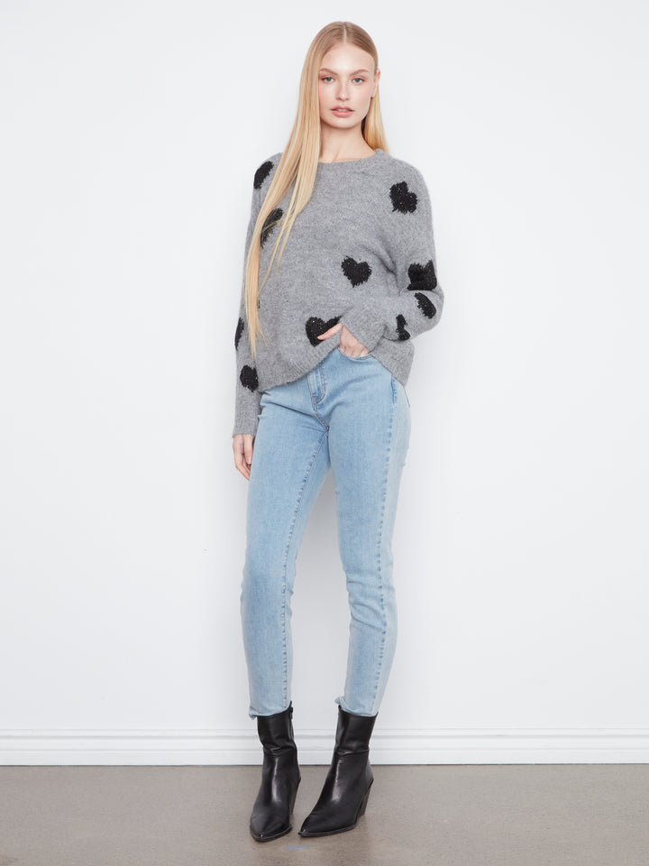 Long Sleeve Drop Shoulder Crew Neck Heart Embroidered Sweater