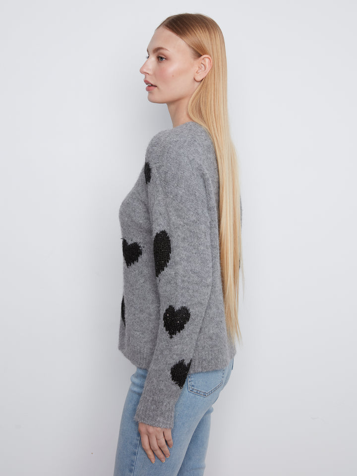 Long Sleeve Drop Shoulder Crew Neck Heart Embroidered Sweater