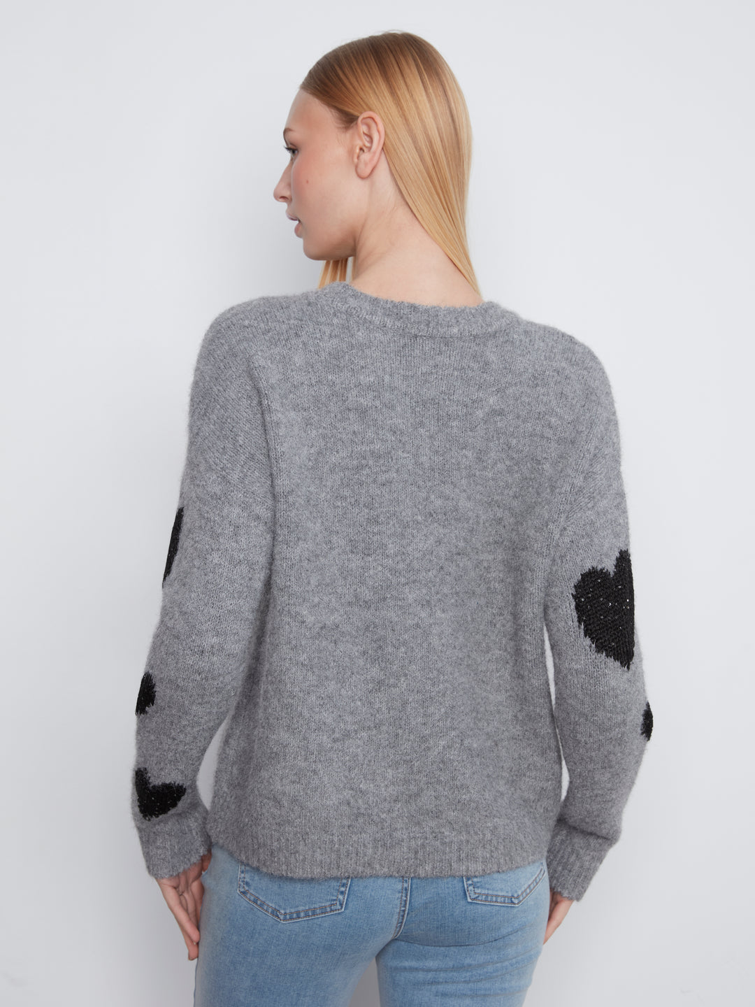 Long Sleeve Drop Shoulder Crew Neck Placed Jacquard Sweater