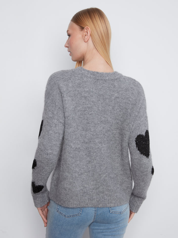 Long Sleeve Drop Shoulder Crew Neck Heart Embroidered Sweater