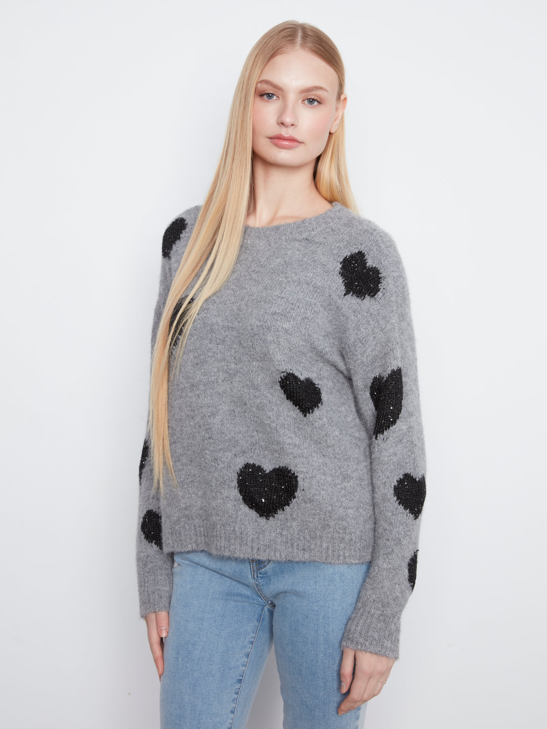 Long Sleeve Drop Shoulder Crew Neck Heart Embroidered Sweater