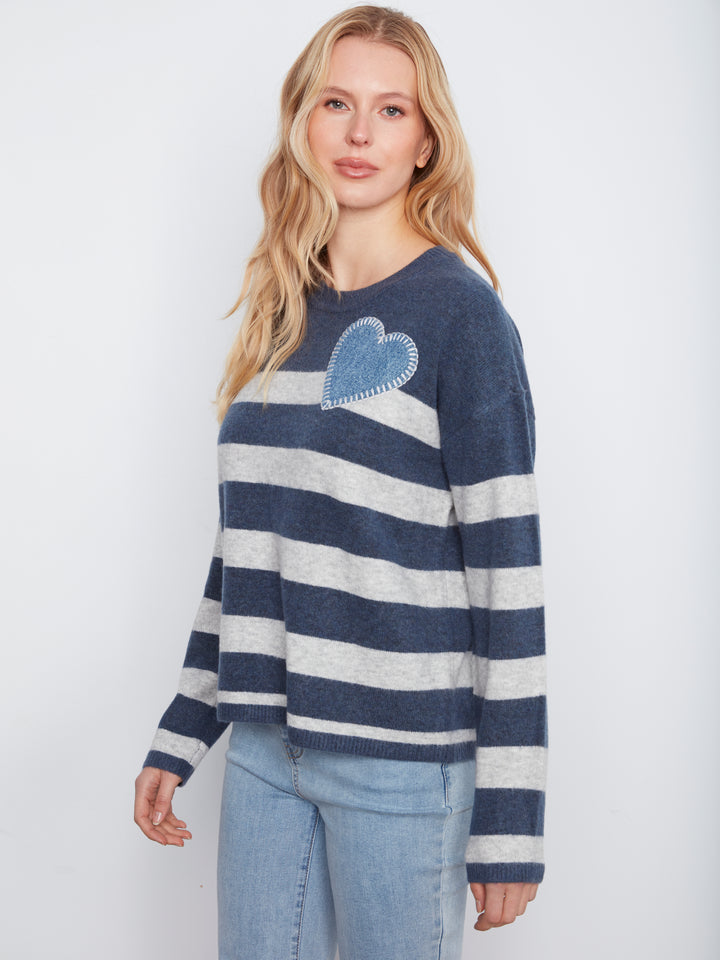 Long Sleeve Drop Shoulder Placed Yarn Dyed Stripes Crew Neck Sweater With Denim Heart Patch