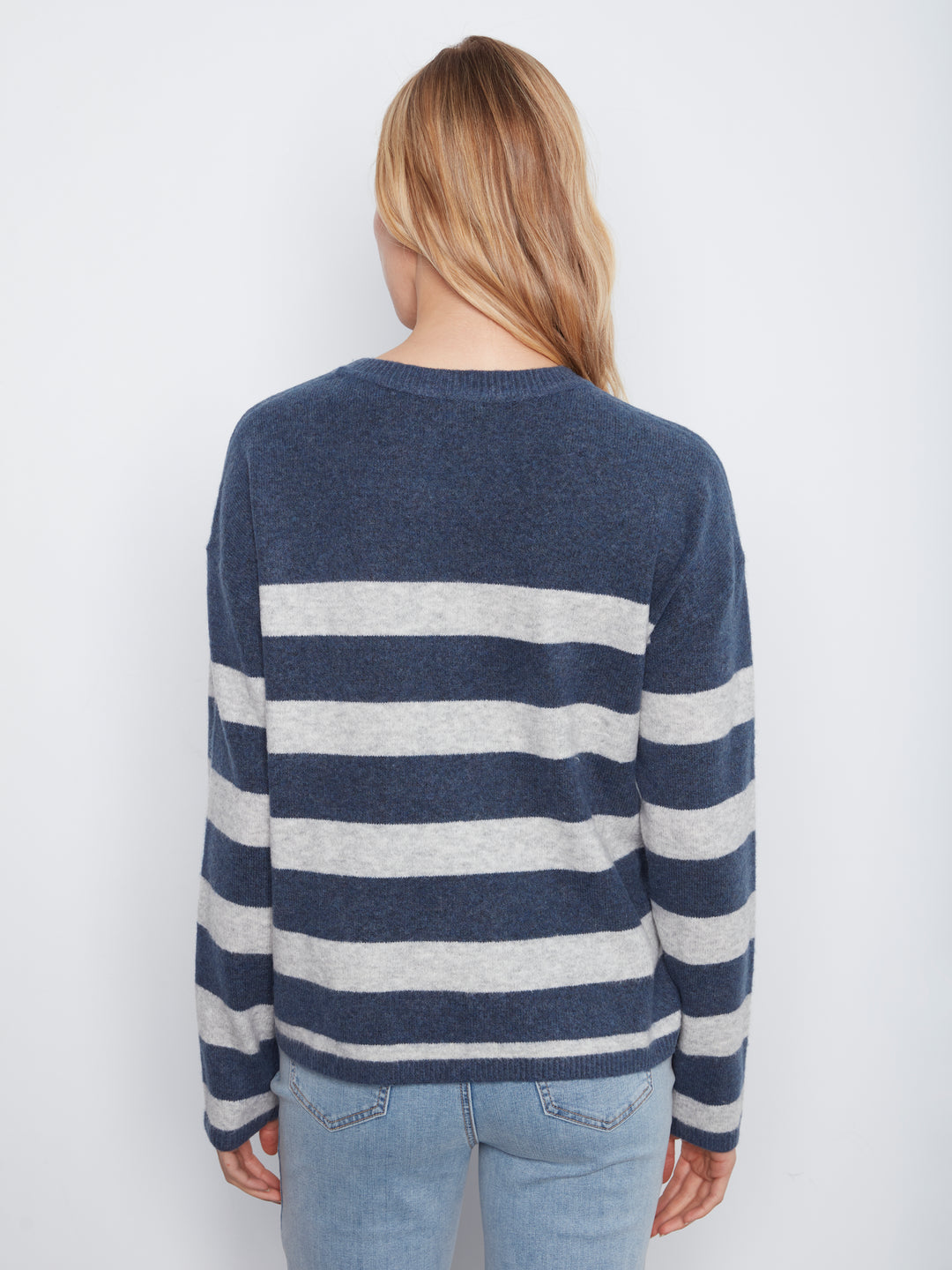 Long Sleeve Drop Shoulder Placed Yarn Dyed Stripes Crew Neck Sweater With Denim Heart Patch