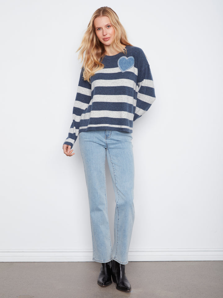 Long Sleeve Drop Shoulder Placed Yarn Dyed Stripes Crew Neck Sweater With Denim Heart Patch
