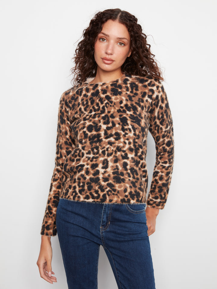 Long Sleeve Hairy Knit Crew Neck Printed Sweater