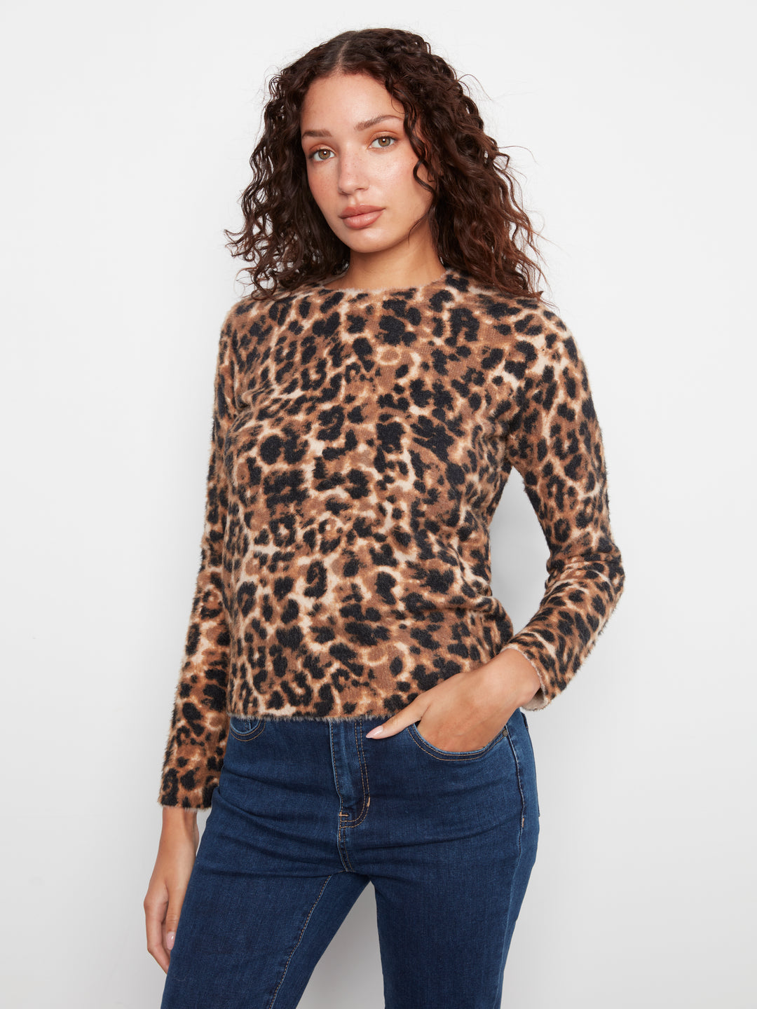 Long Sleeve Hairy Knit Crew Neck Printed Sweater
