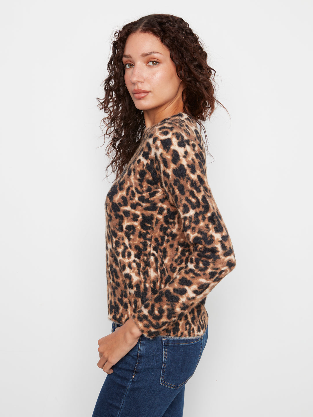 Long Sleeve Hairy Knit Crew Neck Printed Sweater