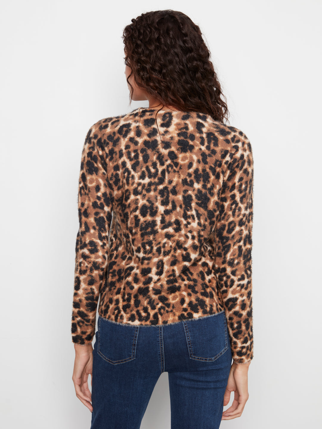 Long Sleeve Hairy Knit Crew Neck Printed Sweater