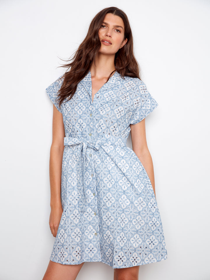 Short Sleeve Tailored Collar Dress With Self Ties