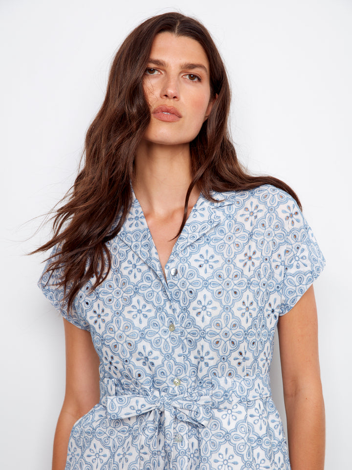 Short Sleeve Tailored Collar Dress With Self Ties