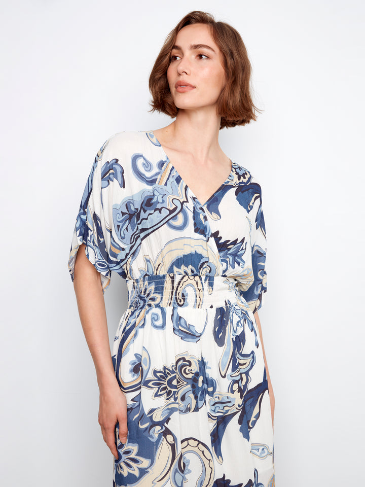 Printed Dolman Short Sleeve Maxi Fake Wrap Dress