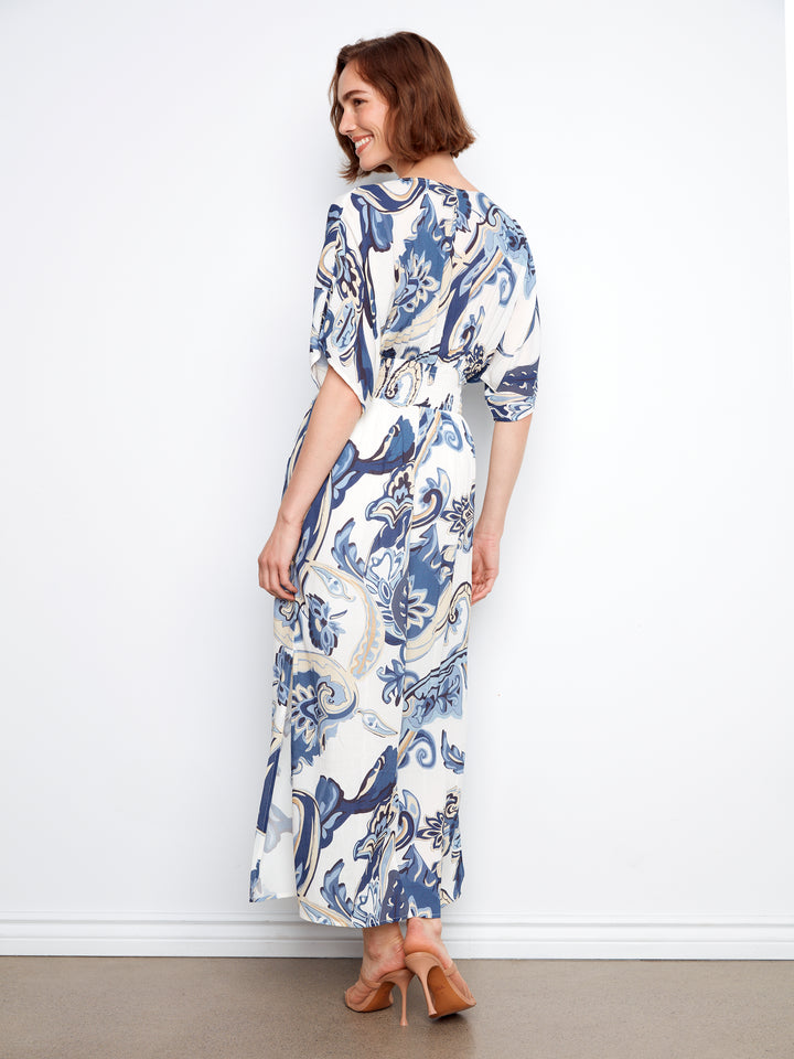 Printed Dolman Short Sleeve Maxi Fake Wrap Dress