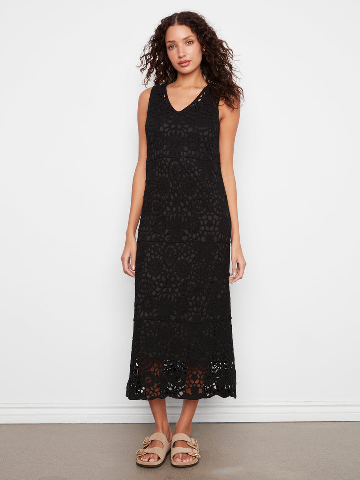 Sleeveless V-Neck Lined Crochet Dress