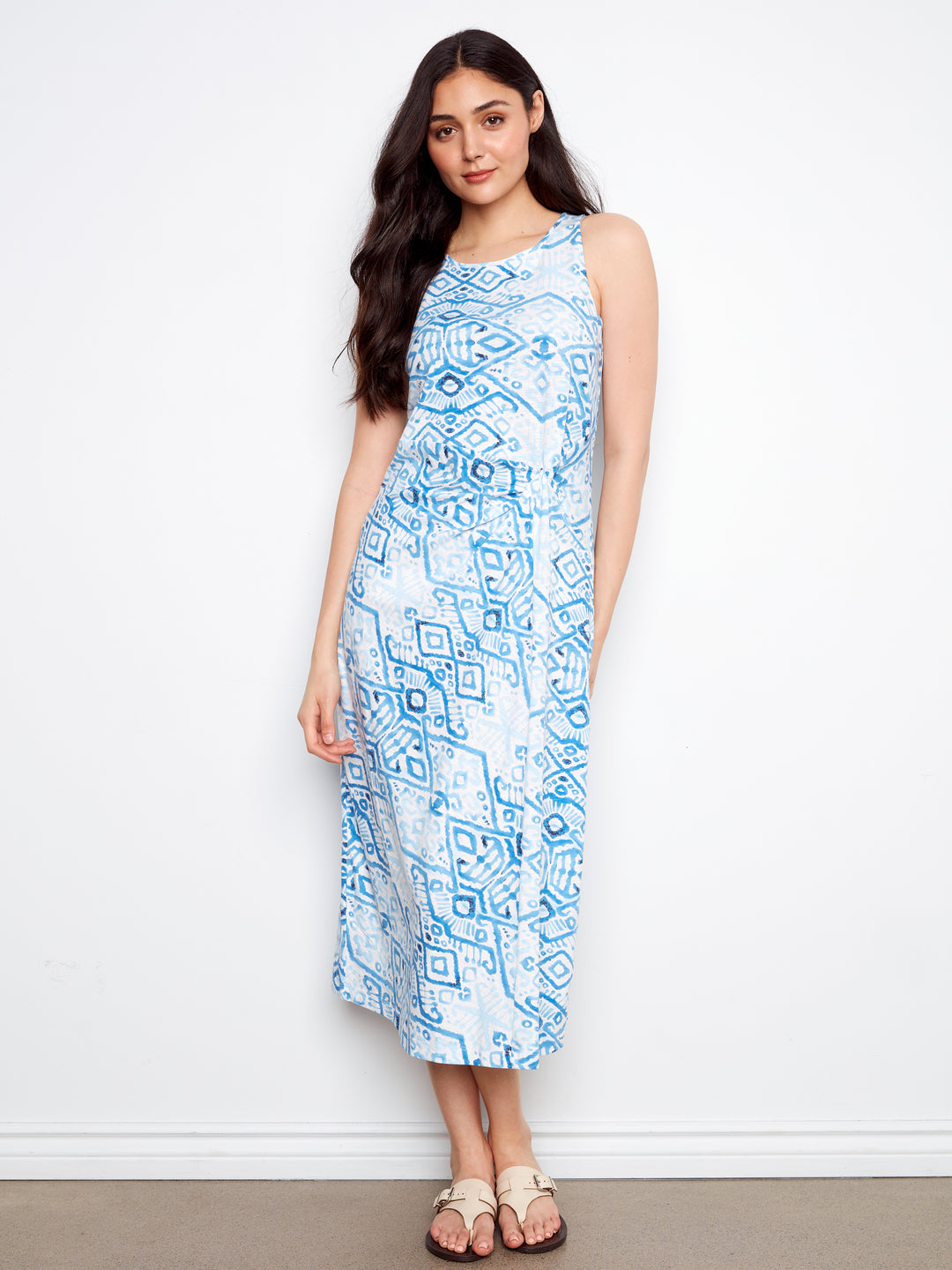 Printed Cotton Slub Dress With Faux Knot Detail