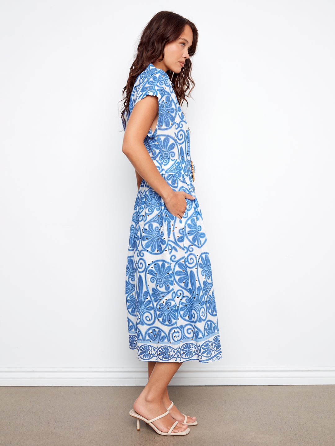 Printed Eyelet Cotton Short Sleeve Dress With Belt at Waist