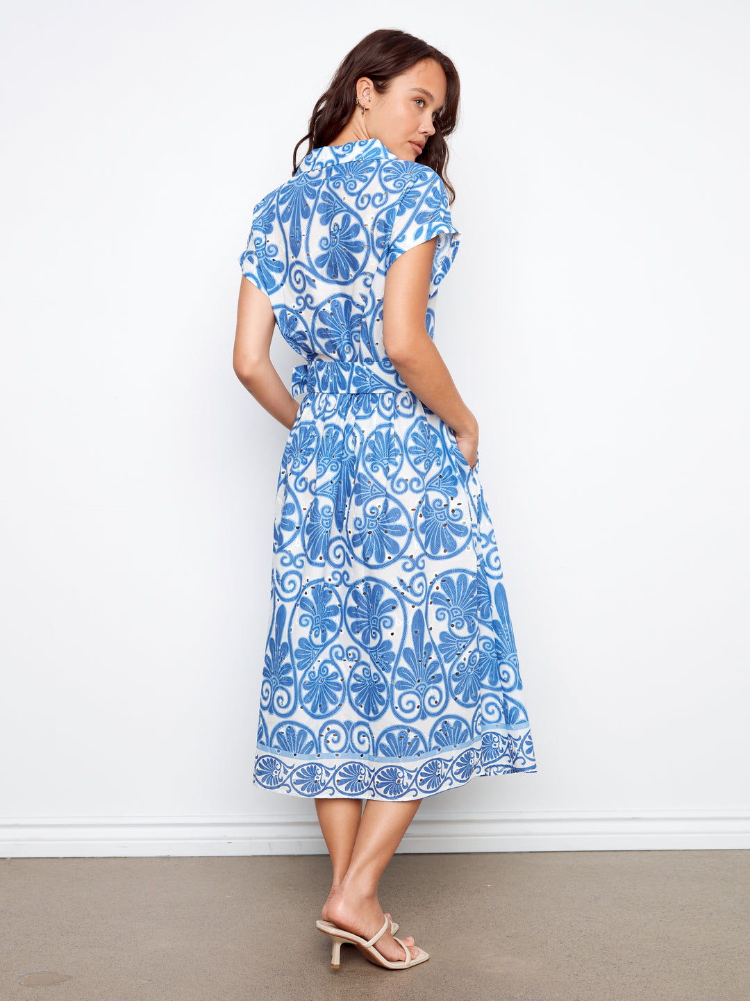 Printed Eyelet Cotton Short Sleeve Dress With Belt at Waist