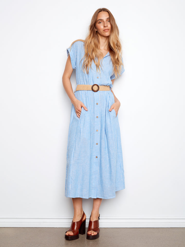 Yarn-Dye Short Sleeves Buttoned  Front Maxi Dress With Belt
