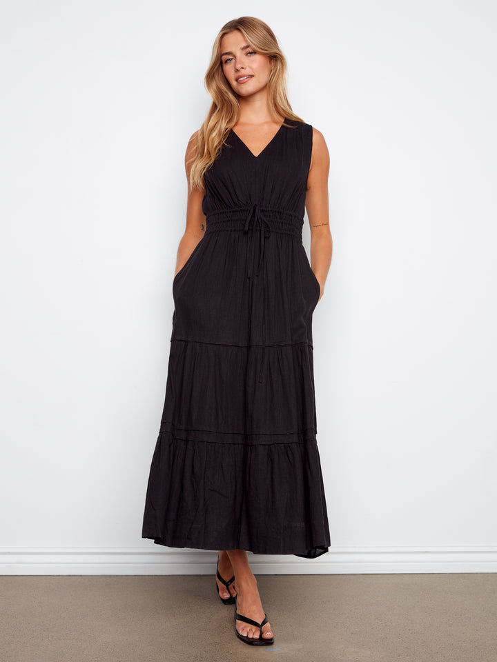 V-Neck Multi-Tiered Long Linen Dress