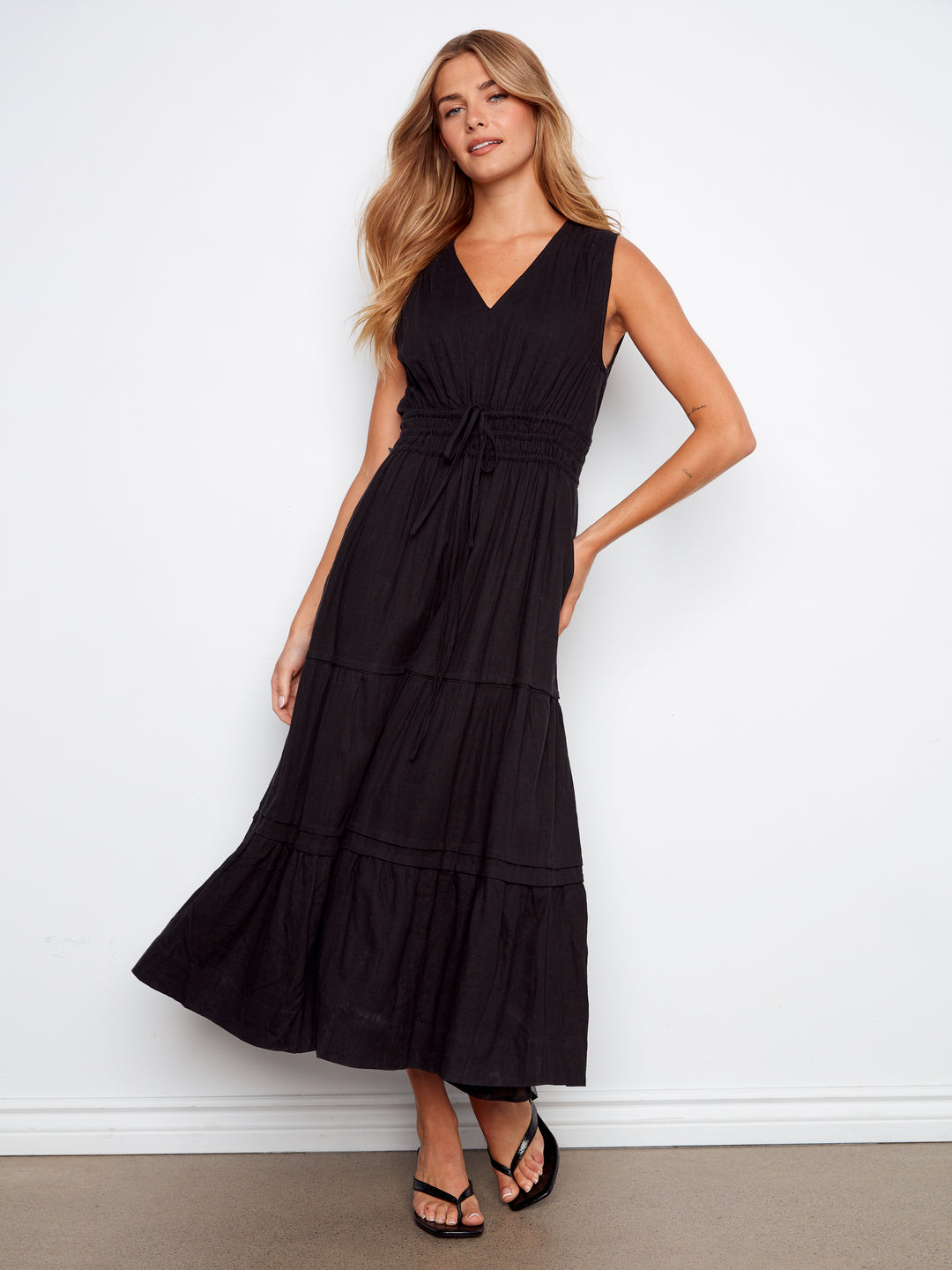 V-Neck Multi-Tiered Long Linen Dress
