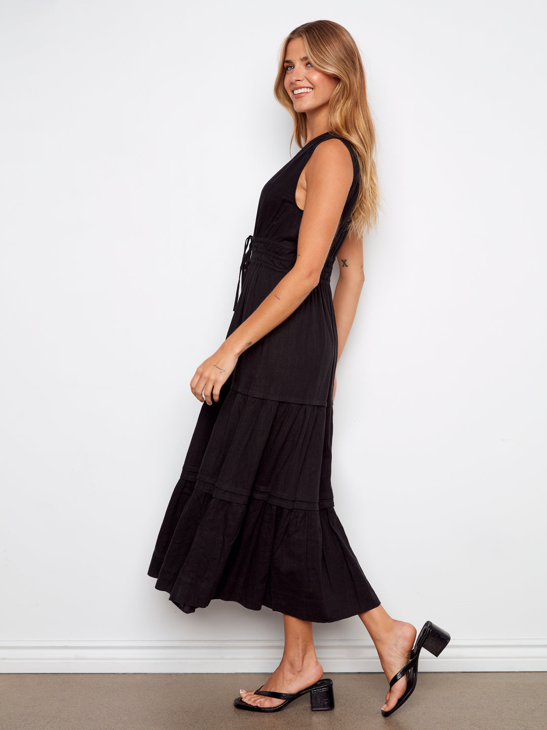 V-Neck Multi-Tiered Long Linen Dress