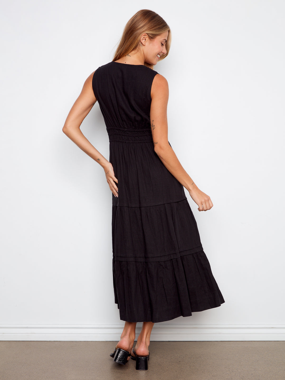 V-Neck Multi-Tiered Long Linen Dress