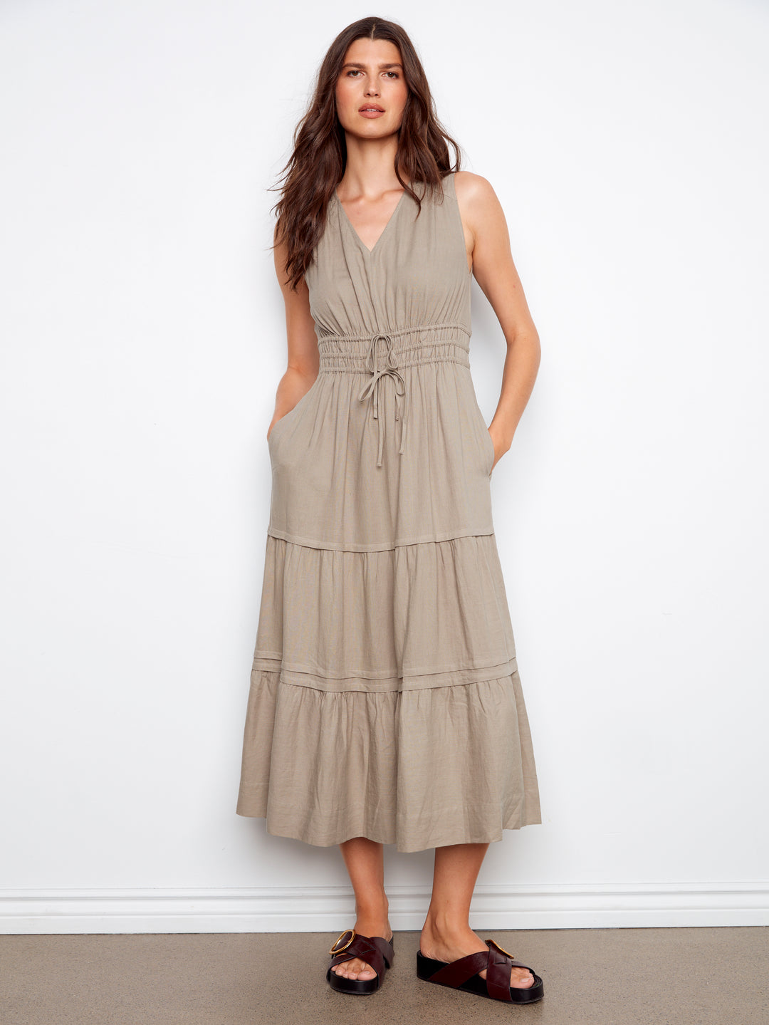 V-Neck Multi-Tiered Long Linen Dress