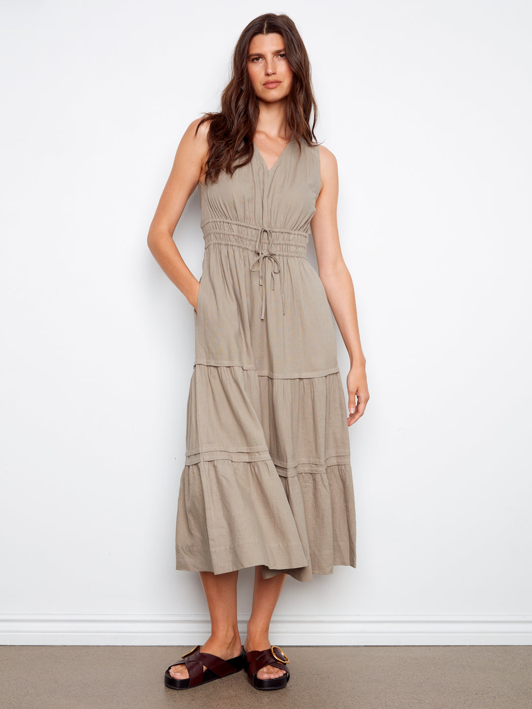 V-Neck Multi-Tiered Long Linen Dress