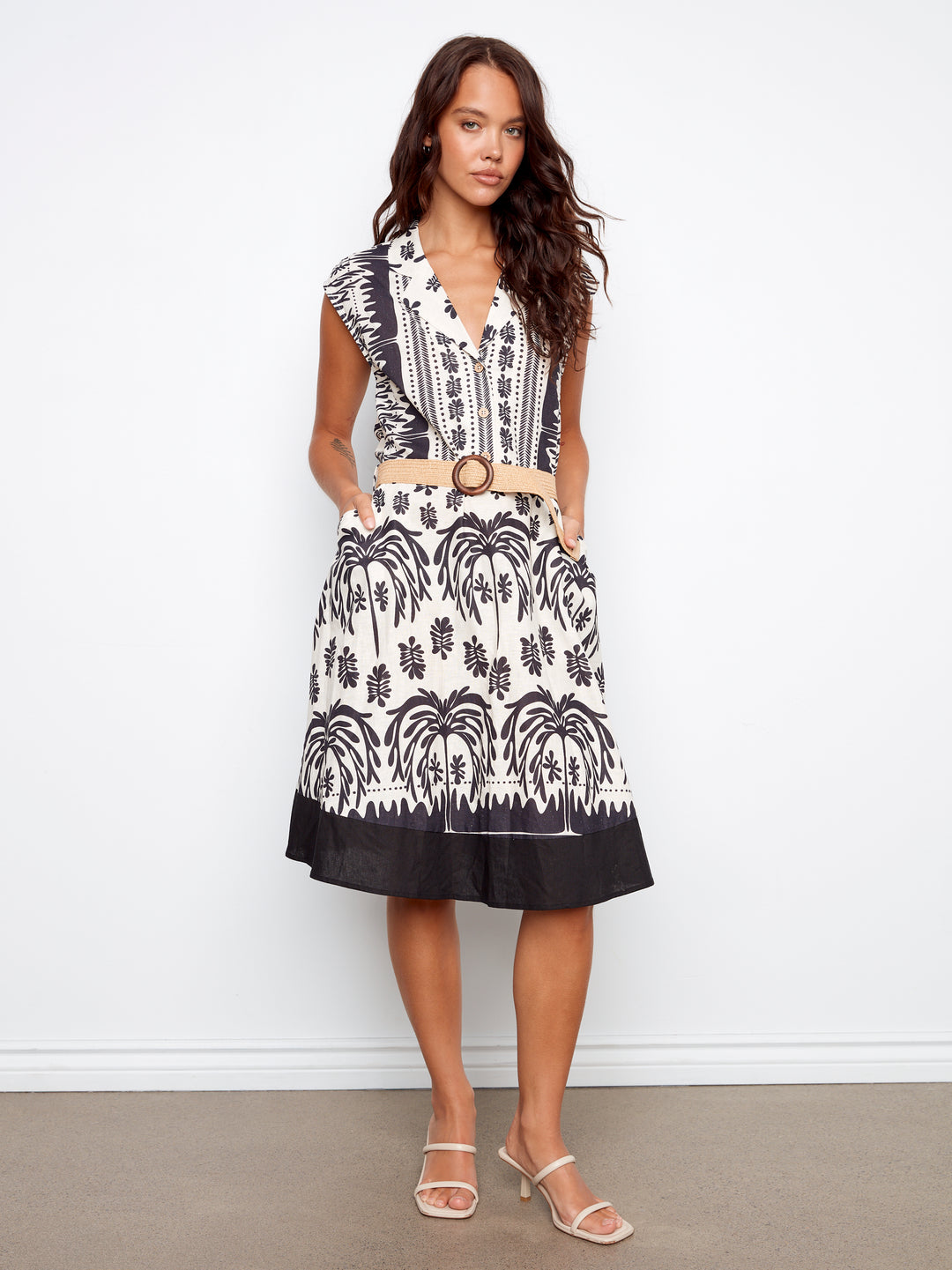 Printed Linen Cap Sleeve Dress With Straw Belt