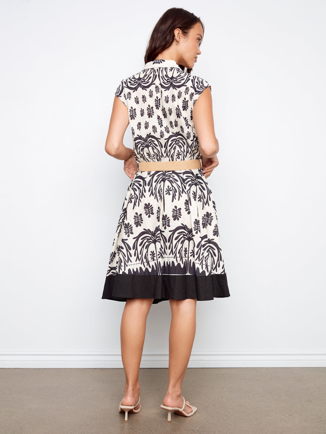 Printed Linen Cap Sleeve Dress With Straw Belt