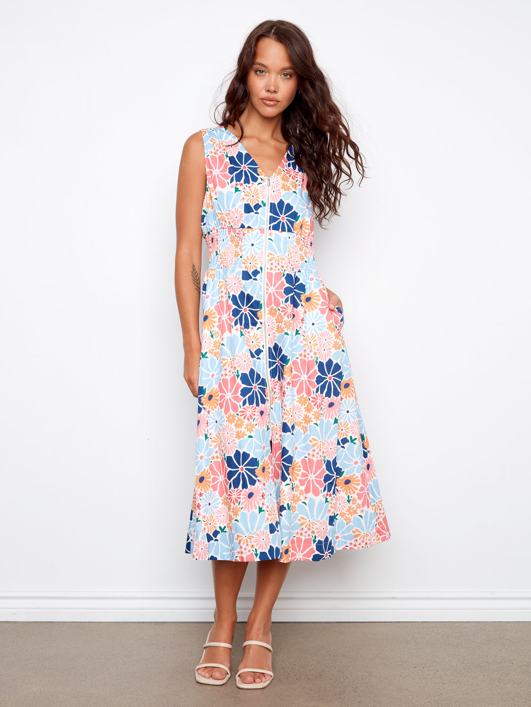 Cotton Voile Printed Front Zip Maxi Dress