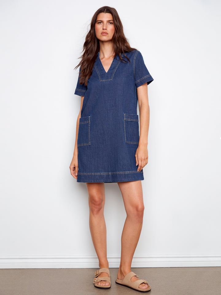 Collared V-Neck Denim Dress