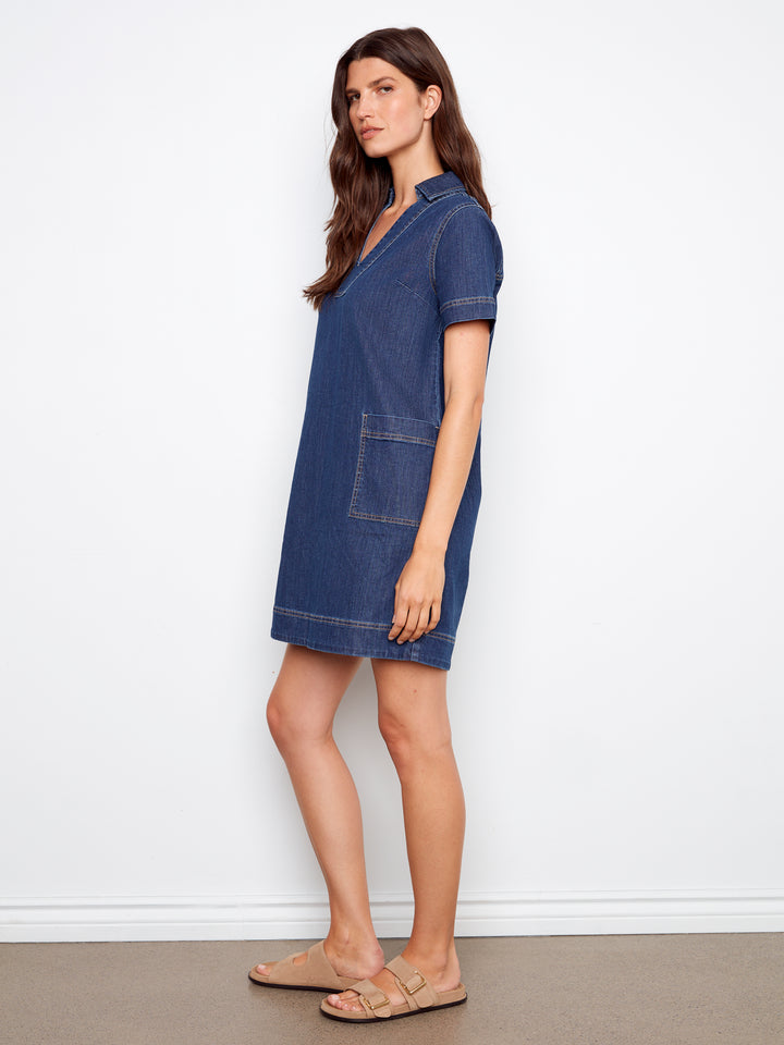 Collared V-Neck Denim Dress