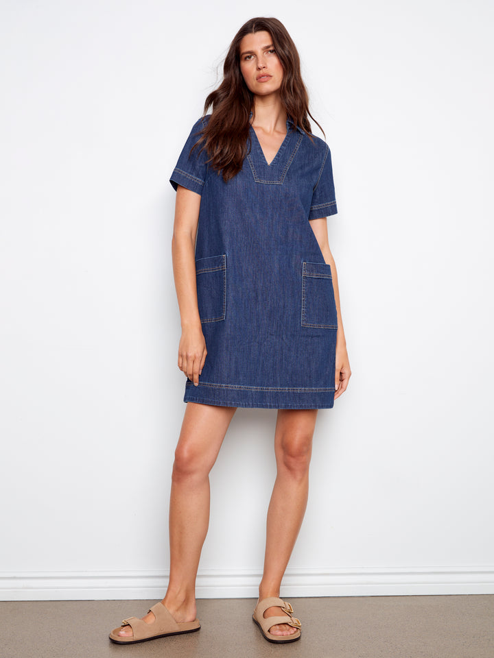 Collared V-Neck Denim Dress