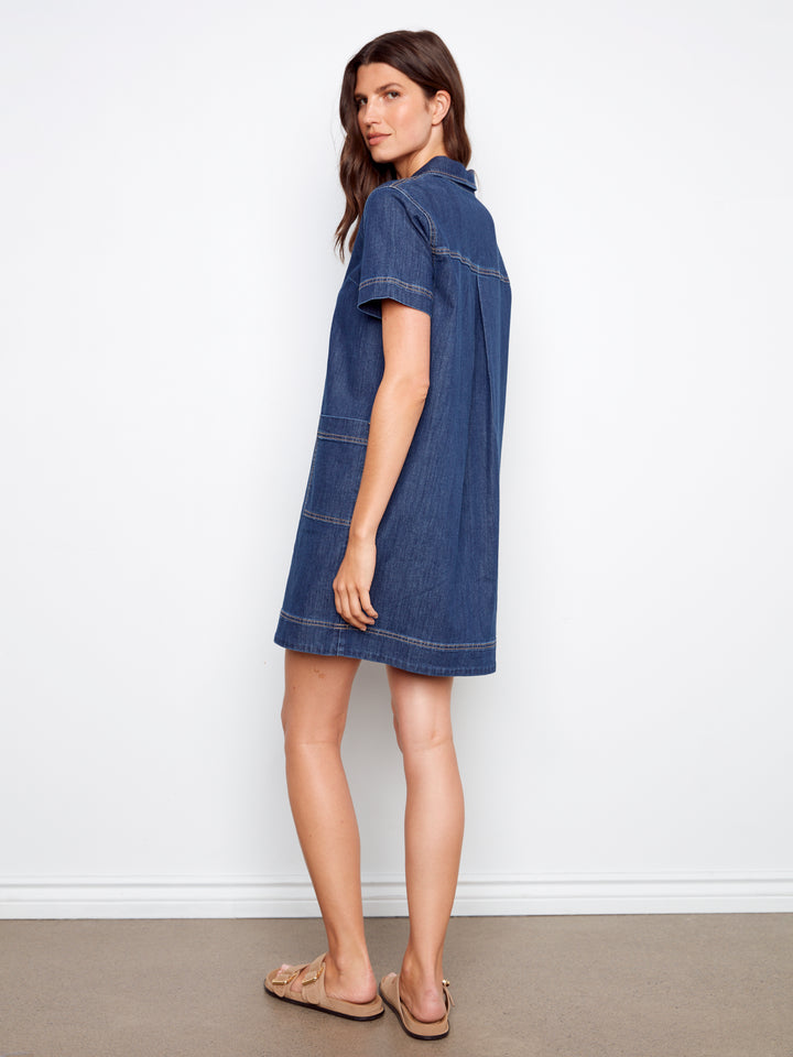 Collared V-Neck Denim Dress