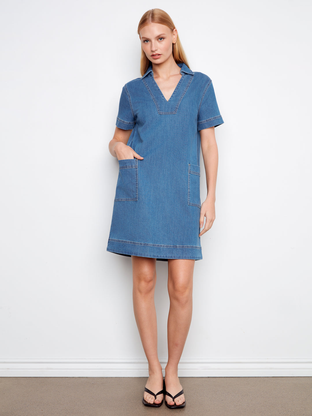 Collared V-Neck Denim Dress
