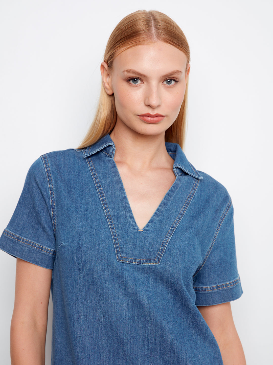 Collared V-Neck Denim Dress