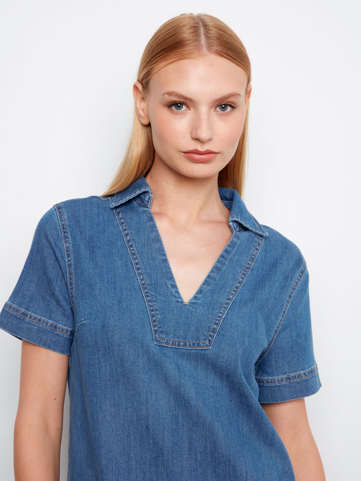 Collared V-Neck Denim Dress