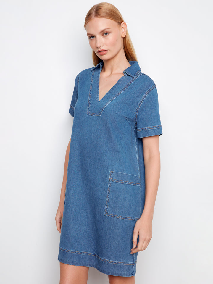 Collared V-Neck Denim Dress