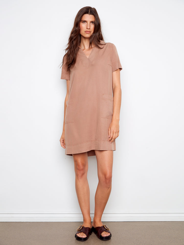 Collared V-Neck Short Sleeve Tencel Dress With Patch Pockets