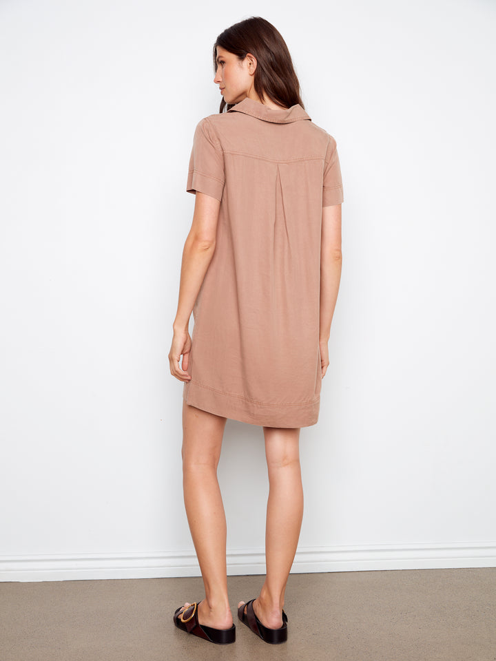 Collared V-Neck Short Sleeve Tencel Dress With Patch Pockets