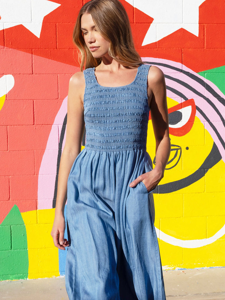Sleeveless Tencel Maxi Dress with Smocked Bodice