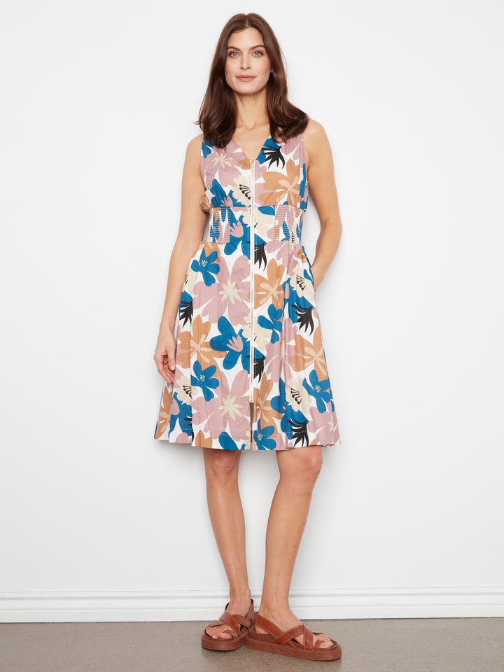 Cotton Voile Printed Front Zip Knee Length Dress